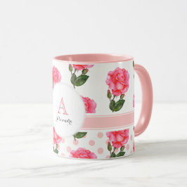 Anpassningsbar Rosa ros Polka Dot Monogram Circle Mugg