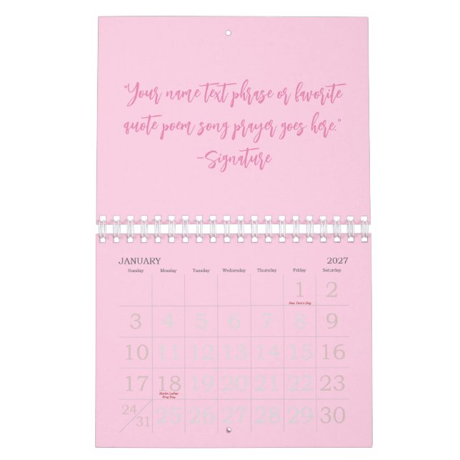 Anpassningsbar rosa-skriptcitat Breast Cancer Awar Kalender (Jan 2027)