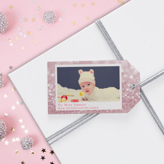 Anpassningsbar Rosa Sparkly Baby Photo Presentetikett