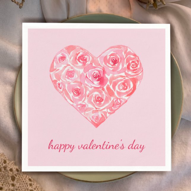 Anpassningsbar Rosa Watercolor Ro Heart Valentine  Pappersservett (Pretty pink original watercolor heart roses. Custom text Valentine’s Day party napkins. Unique sweet)