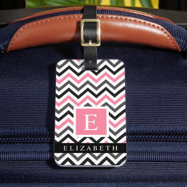 Anpassningsbar Rosa White Black Grått Chevron Möns Bagagebricka (Framsida Insitu 2)