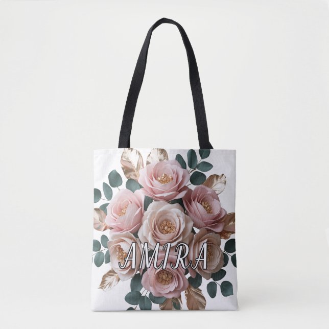 Anpassningsbar Rose Gold Blommig Monogram Axelrem  Tygkasse (Framsida)