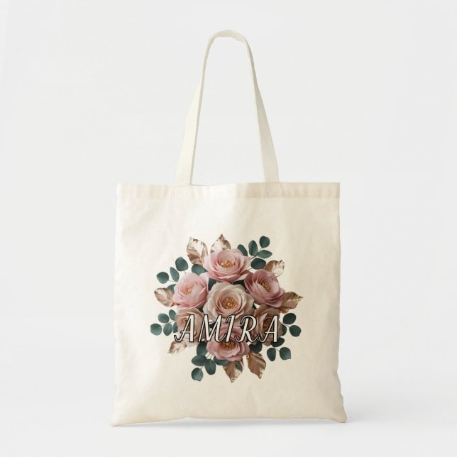 Anpassningsbar Rose Gold Blommig Monogram Budget T Tygkasse (Framsidan)