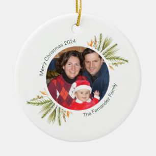 Anpassningsbar Round Photo Watercolor Greenery jul Julgransprydnad Keramik