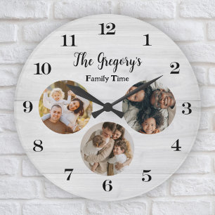 Anpassningsbar Rustic 3 Photo Collage Roligt Famil Stor Klocka