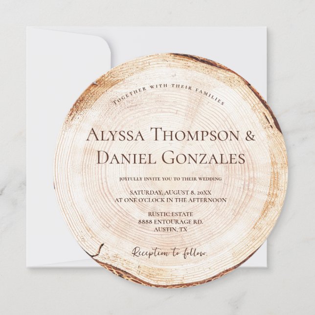 Anpassningsbar Rustic Bröllop Wood cut Grain Slice Inbjudningar (Framsida)