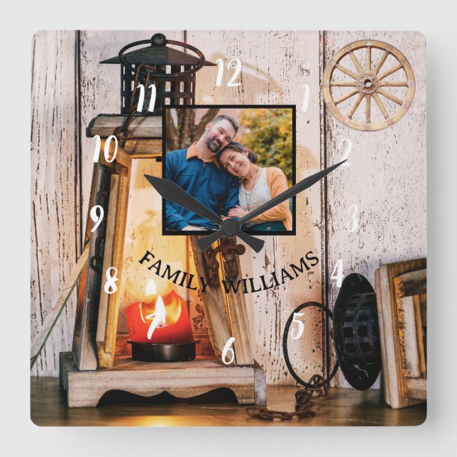 Anpassningsbar Rustic Farmhouse Lantern Lamp Vinta Fyrkantig Klocka (Framsida)