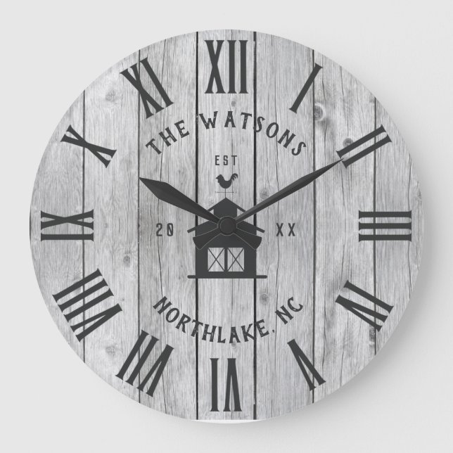 Anpassningsbar Rustic Modern Farmhouse Family Namn Stor Klocka (Framsida)