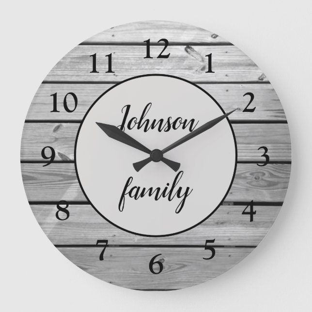 Anpassningsbar Rustic Modern Grått Wood Family Nam Stor Klocka (Framsida)