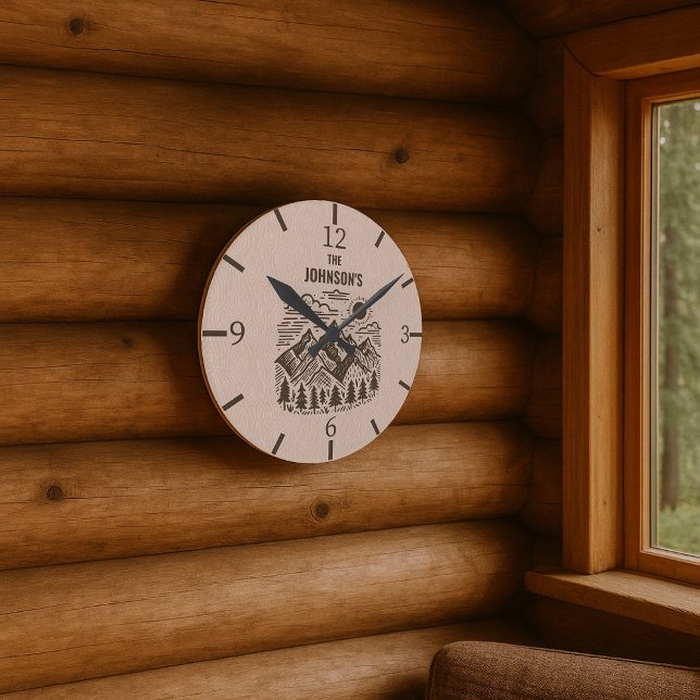 Anpassningsbar Rustic Modern Mountains Rund Klocka (Rustic Modern Mountain Round Clock Great for the Cabin!)