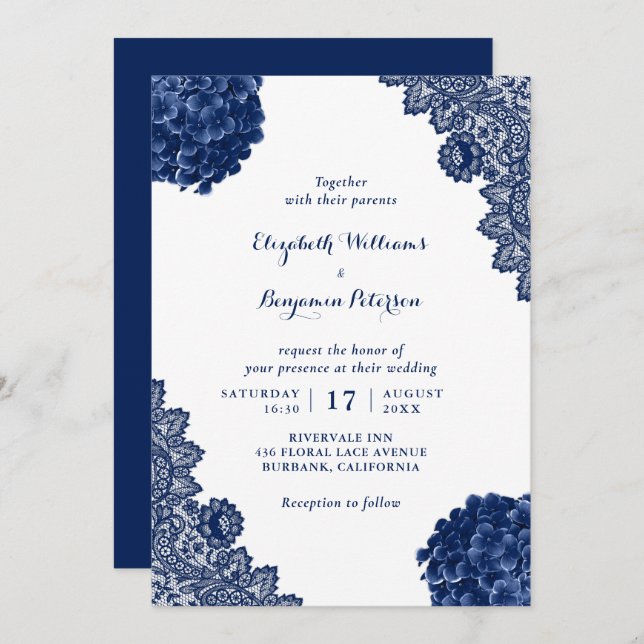 Anpassningsbar Rustic Navy Blue Hydrangea Blommigt Inbjudningar (Fram/baksida)