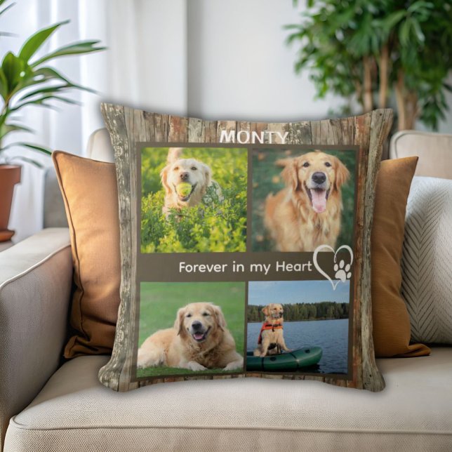 Anpassningsbar Rustic Pet Memorial Photo Collage Kudde (Skapare uppladdad)