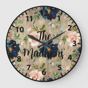 Anpassningsbar Rustic Wood Flowers Navy Blue Rosa  Stor Klocka