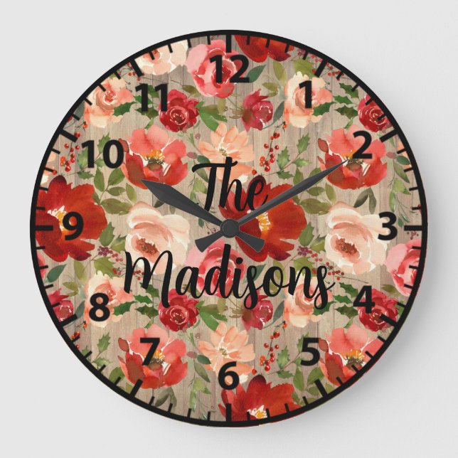 Anpassningsbar Rustic Wood Flowers Red Cream Rosa  Stor Klocka (Framsida)