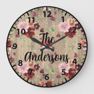 Anpassningsbar Rustic Wood Flowers Rosa and Lila R Stor Klocka