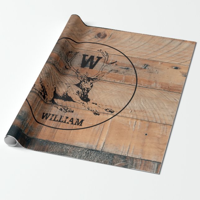 Anpassningsbar Rustic Wood Struktur & Hjort Monogr Presentpapper (Utrullad)