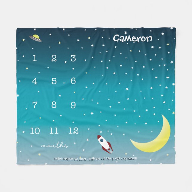 Anpassningsbar Rymden, blå milstolpe baby Fleecefilt (Framsidan (Horisontell))