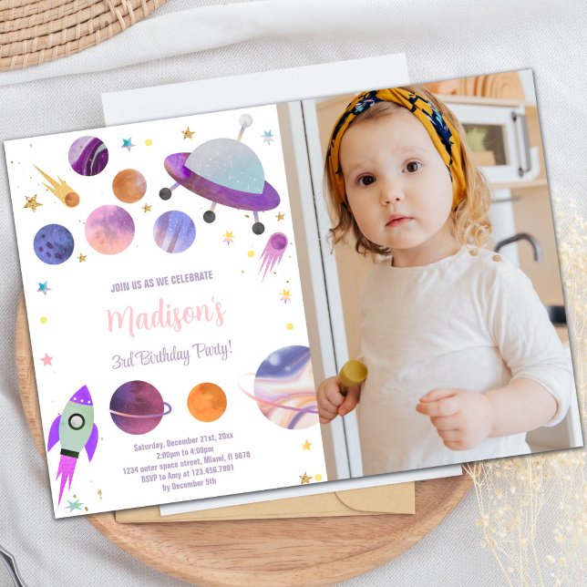 Anpassningsbar Rymden Kids Party Inbjudan (Purple Planets Birthday Invitations with photo)