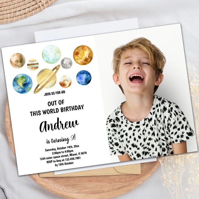Anpassningsbar Rymden Party Inbjudan (Out of this world planets Birthday Invitations pho)