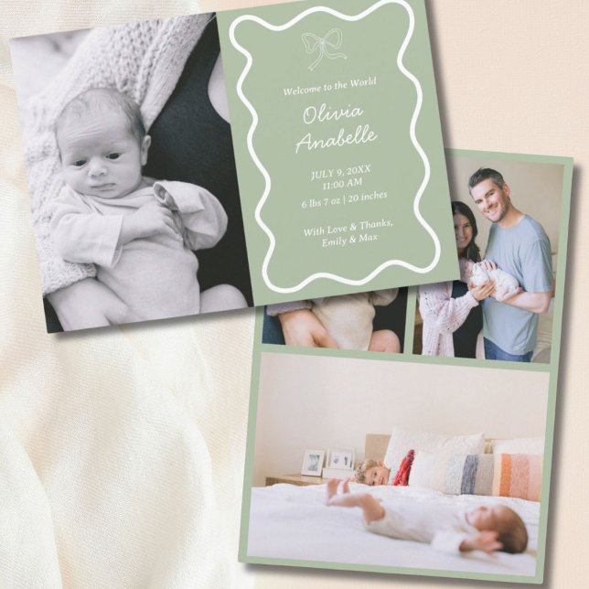 Anpassningsbar Sage Grönt Bow Vågigt Boho Collage  Meddelande (Custom Sage Green Bow Wavy Boho Collage Baby Birth Announcement
)