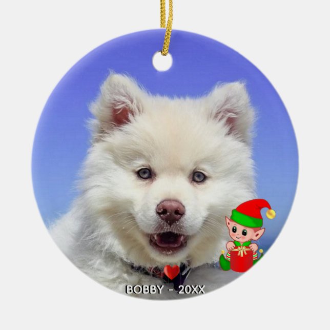Anpassningsbar Samoyed Hund Photo med Cute Elf Julgransprydnad Keramik (Framsidan)