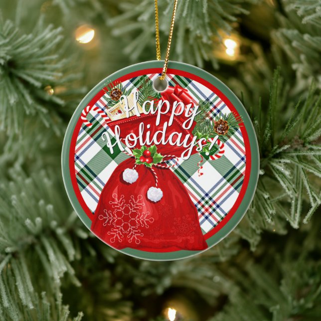 Anpassningsbar Santa Gift Bag på Red Grönt Play Mö Julgransprydnad Keramik (Träd)