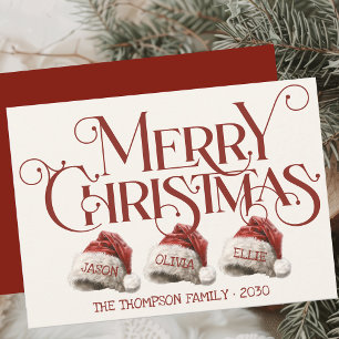 Anpassningsbar Santa Hat-familjen med 3 Röda God j Julkort