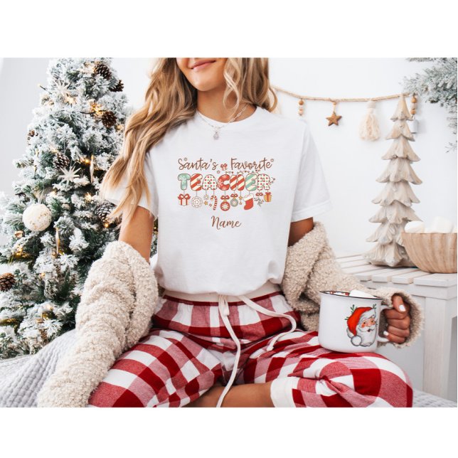 Anpassningsbar Santa's Favorite Teacher Retro-jul T Shirt (Skapare uppladdad)