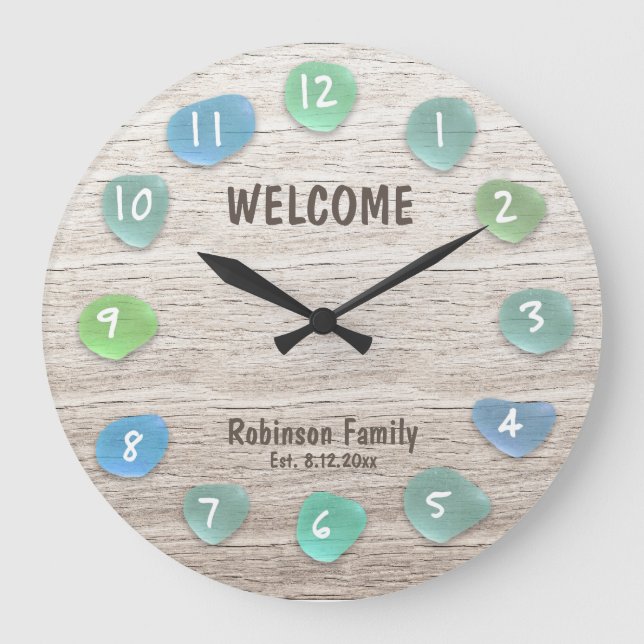 Anpassningsbar Sea Glass Beach Driftwood Stor Klocka (Framsida)