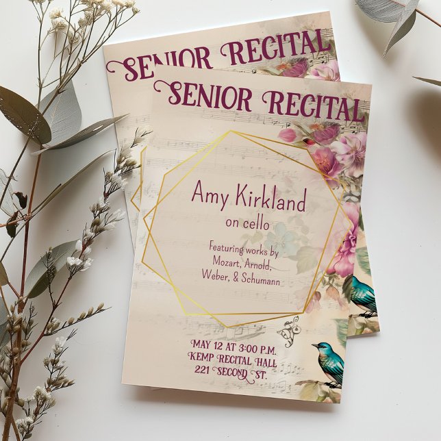 Anpassningsbar Senior Music Skäl Blommigt Fågeltem Inbjudningar (Floral sheet music themed customizable recital invitation.)