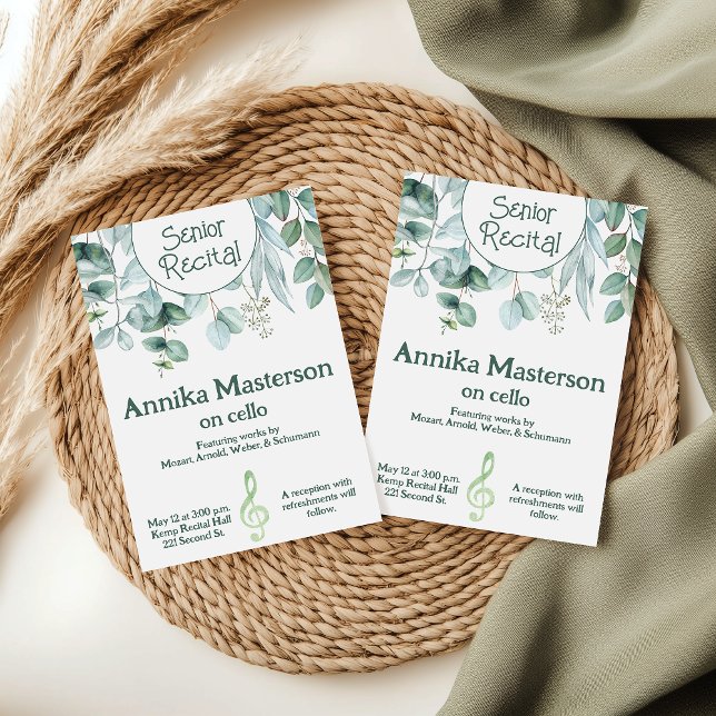 Anpassningsbar Senior Music Skäl Löv Greenery Them Inbjudningar (Greenery themed custom senior music recital invitation template.)