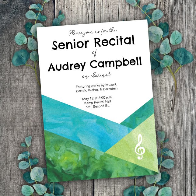 Anpassningsbar Senior skäl Music Thed Investigatio Inbjudningar (Customizable senior recital invitation template with treble clef.)