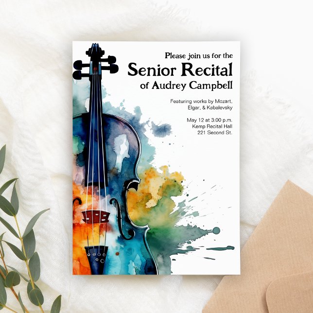 Anpassningsbar Senior Violin Skäl Music Thmet Inbjudningar (Customizable recital invitation template for violin players.)
