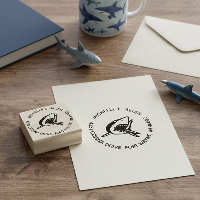 Anpassningsbar Shark Round Returadress Wooden Frim Stämpel (Round return address stamp for shark lovers.)