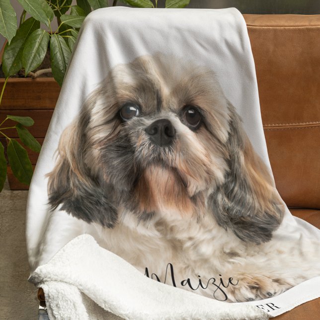 Anpassningsbar Shih Tzu Hund Personlig Pet Photo Fleecefilt (Shih Tzu Dog Sherpa White Blanket)
