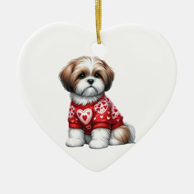 Anpassningsbar Shih Tzu Hund Roligt Valentine Cera Julgransprydnad Keramik (Framsidan)