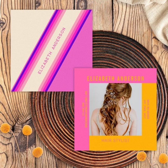 Anpassningsbar Shock rosa Orange Retro Rand 70s, 8 Fyrkantigt Visitkort (Front/Back)