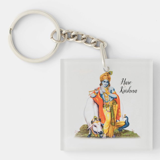 Anpassningsbar Simple Lord Krishna med ko Keychain (Framsidan)