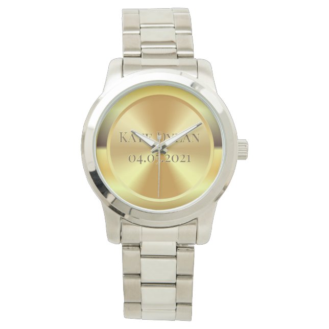 Anpassningsbar Simulated Engraved Guld Armbandsur (Framsida)