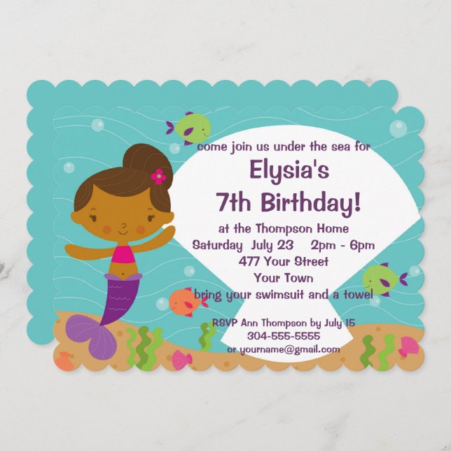 Anpassningsbar Sjöjungfru för barn, Födelsedagsfes Inbjudningar (Fram/baksida)