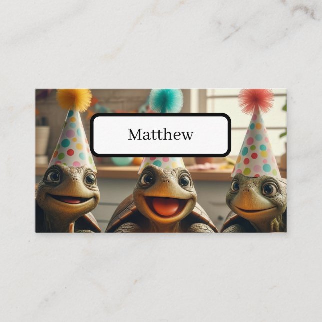 Anpassningsbar, sköldpadda med födelsedagskalas oc placeringskort (Framsida)