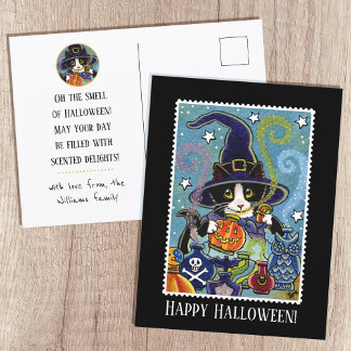 Anpassningsbar ’Smell of Halloween’ Cat Witch Vykort