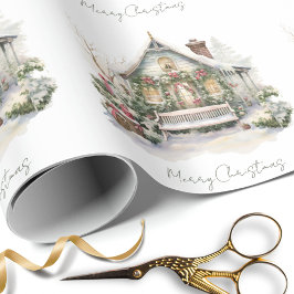 Anpassningsbar Snö Winter Farm Watercolor-Grönt Ju Presentpapper