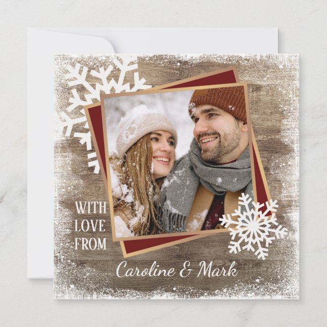 Anpassningsbar Snöflingor och Barnwood Planks Möns Julkort (Framsida)