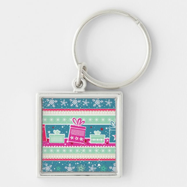 Anpassningsbar Snöflingor och Presenter Fyrkantig Silverfärgad Nyckelring (Framsidan)