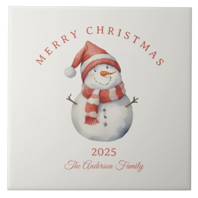 Anpassningsbar Snögubbe: julklapp för vattenfärg Kakelplatta (Framsidan)