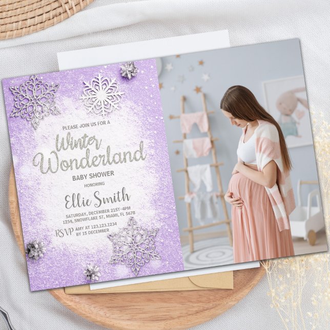 Anpassningsbar Snowflake Baby Firande Inbjudan (Purple Winter Baby Shower Invitations with photo)