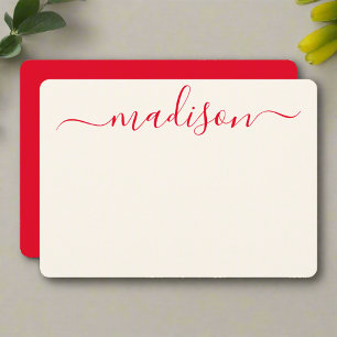 Anpassningsbar Snyggt Red Typography Girly Initial Anteckningskort