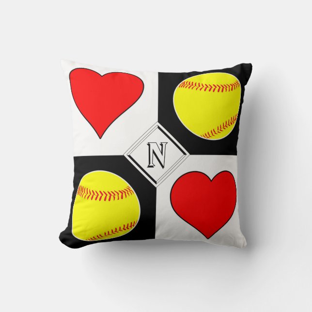 Anpassningsbar Softball & Heart Square Checker Mön Kudde (Framsida)