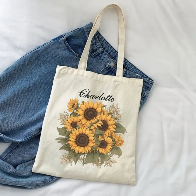 Anpassningsbar Solblommor, tote bag, Gift for Wome Tygkasse (custom name tote, grandma tote bag, nana gift bag, mom tote, Mother’s Day tote, bridal shower tote)